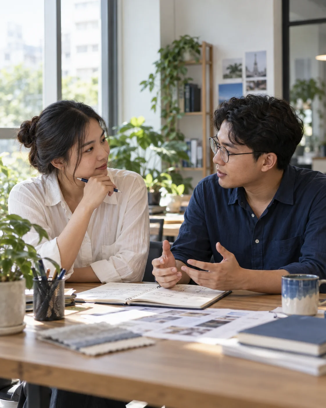 Illustration of two colleagues talking together at a work table