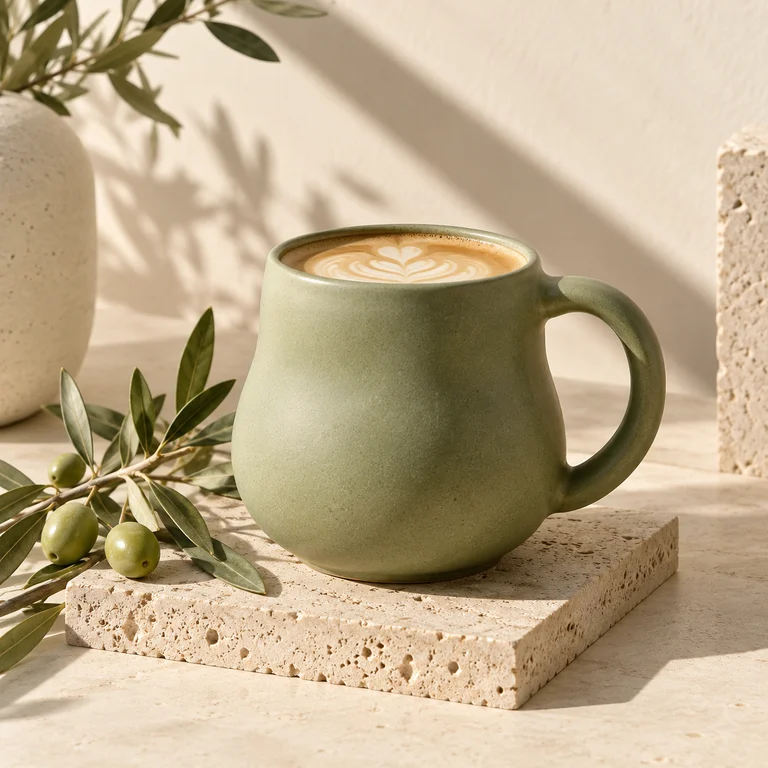 A green ceramic mug with coffee on a cream table.