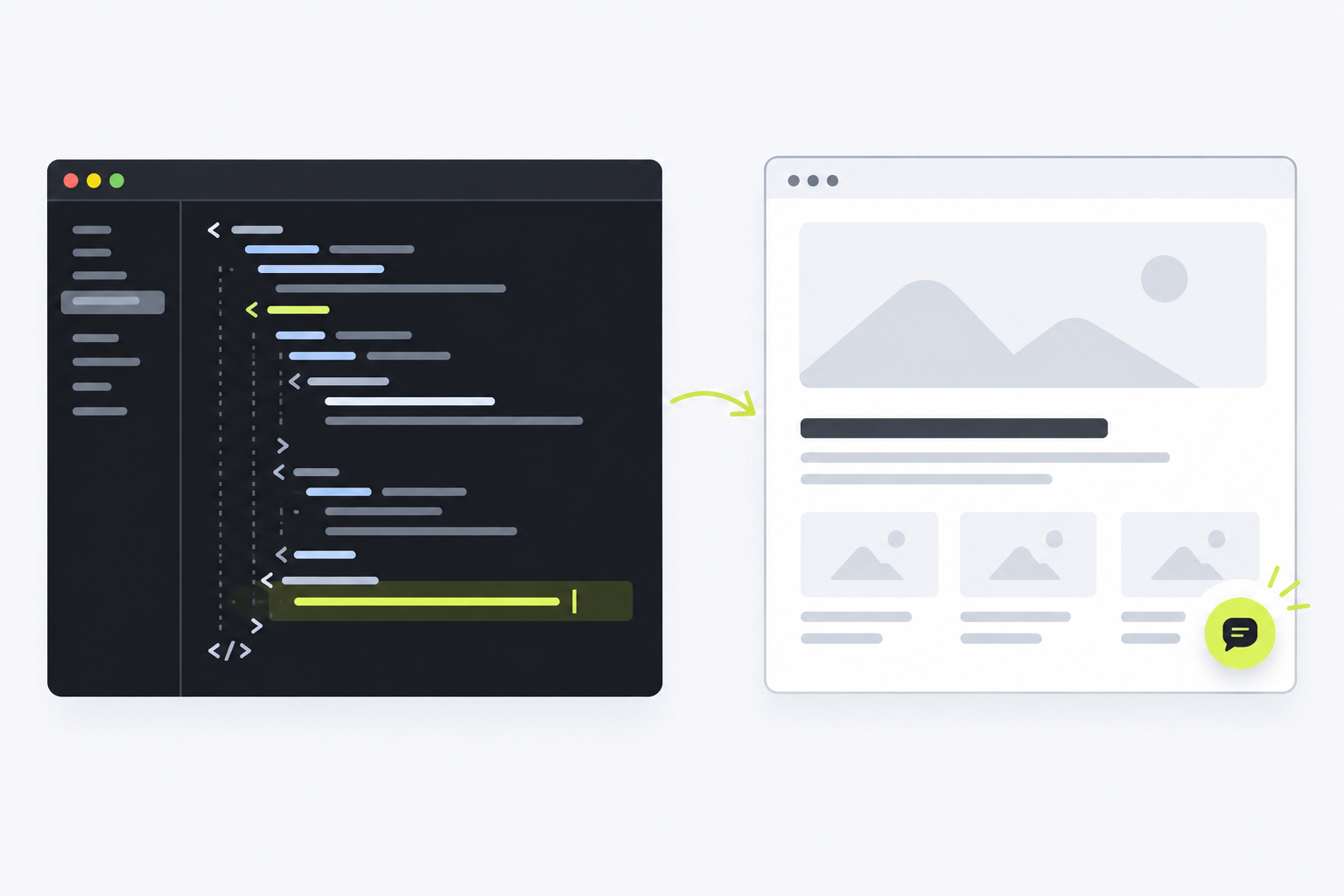Illustration of adding the embed code to a website layout file, then checking the widget on the deployed page.